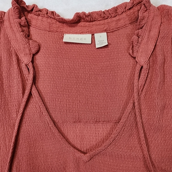 Hinge V-Neck Long Sleeve Blouse Ruffle Tie Neck Salmon Pink Size Small - Picture 4 of 10